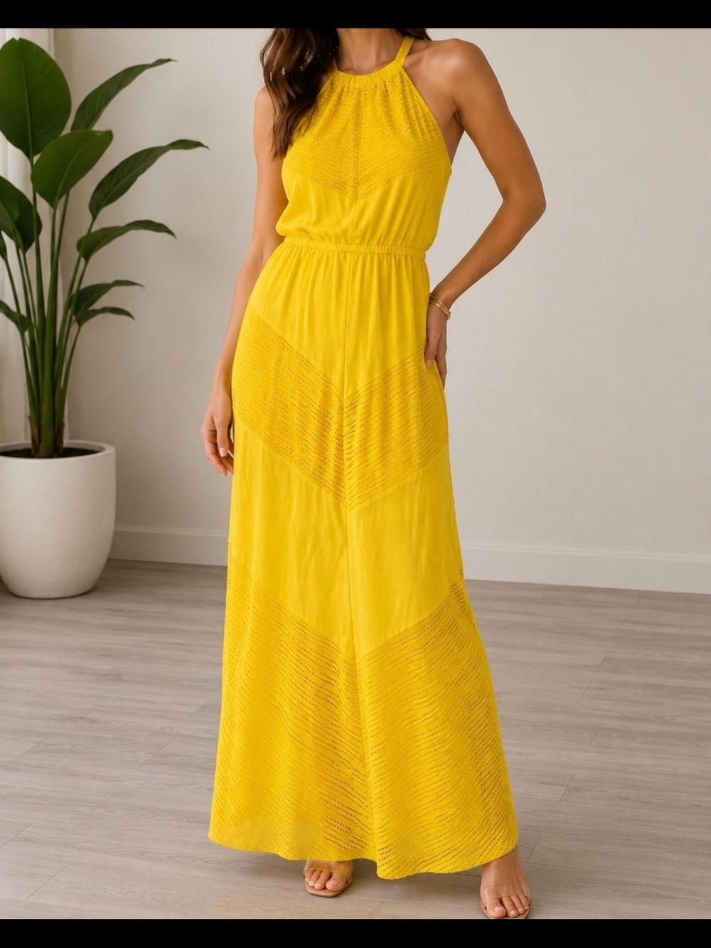 Sleeveless Yellow Halter Maxi Dress